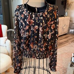 Floral Long Sleeve Blouse - Black and Brown